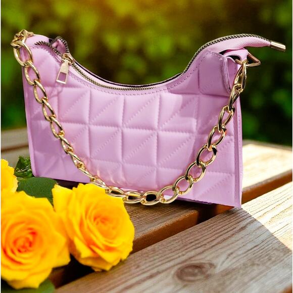 Purse Women Pink Square Pattern with Gold Chain Handle - Picture 1 of 3